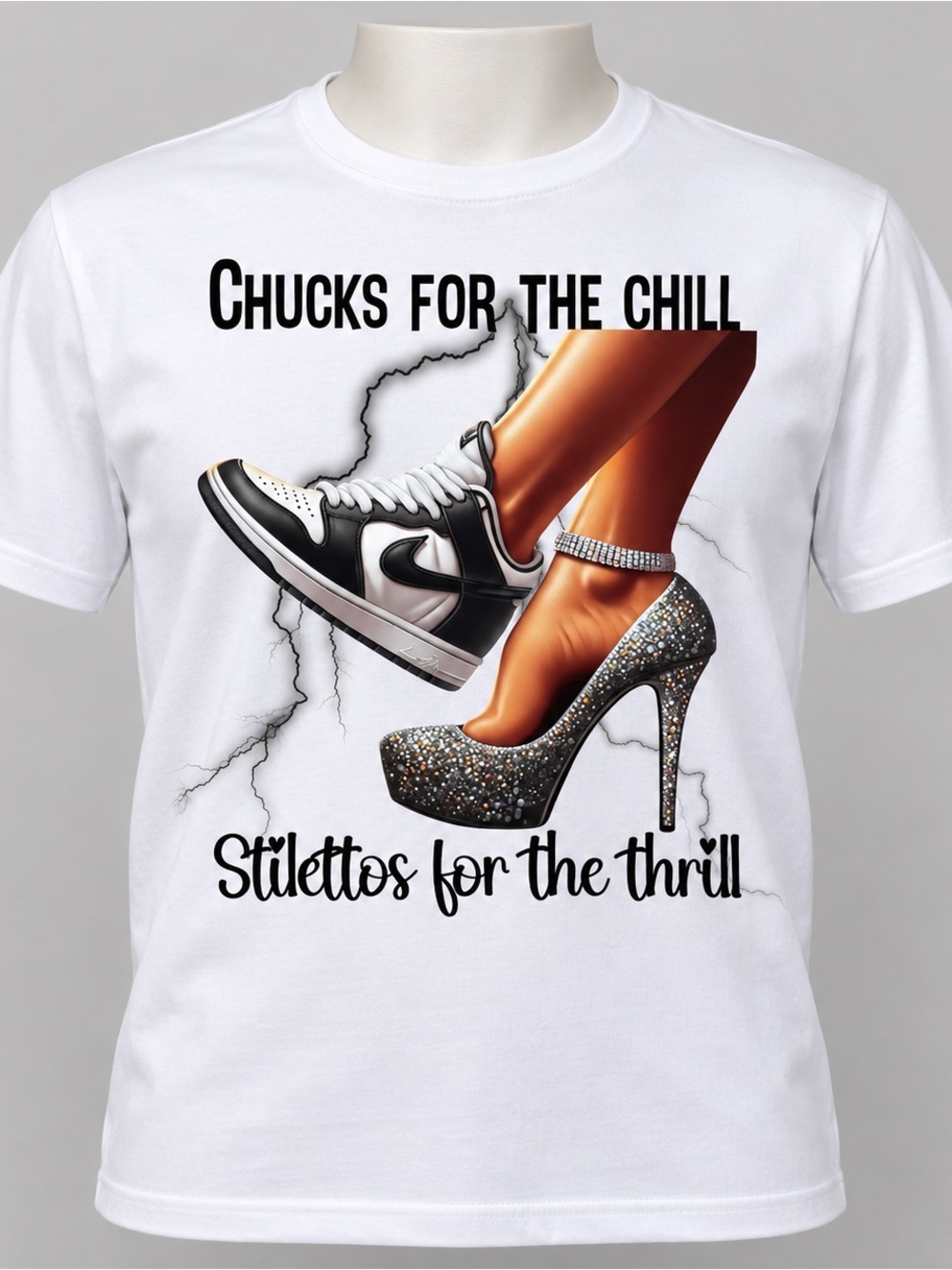 Gildan White Graphic Tee with Black Sneaker & Glitter Silver Stiletto